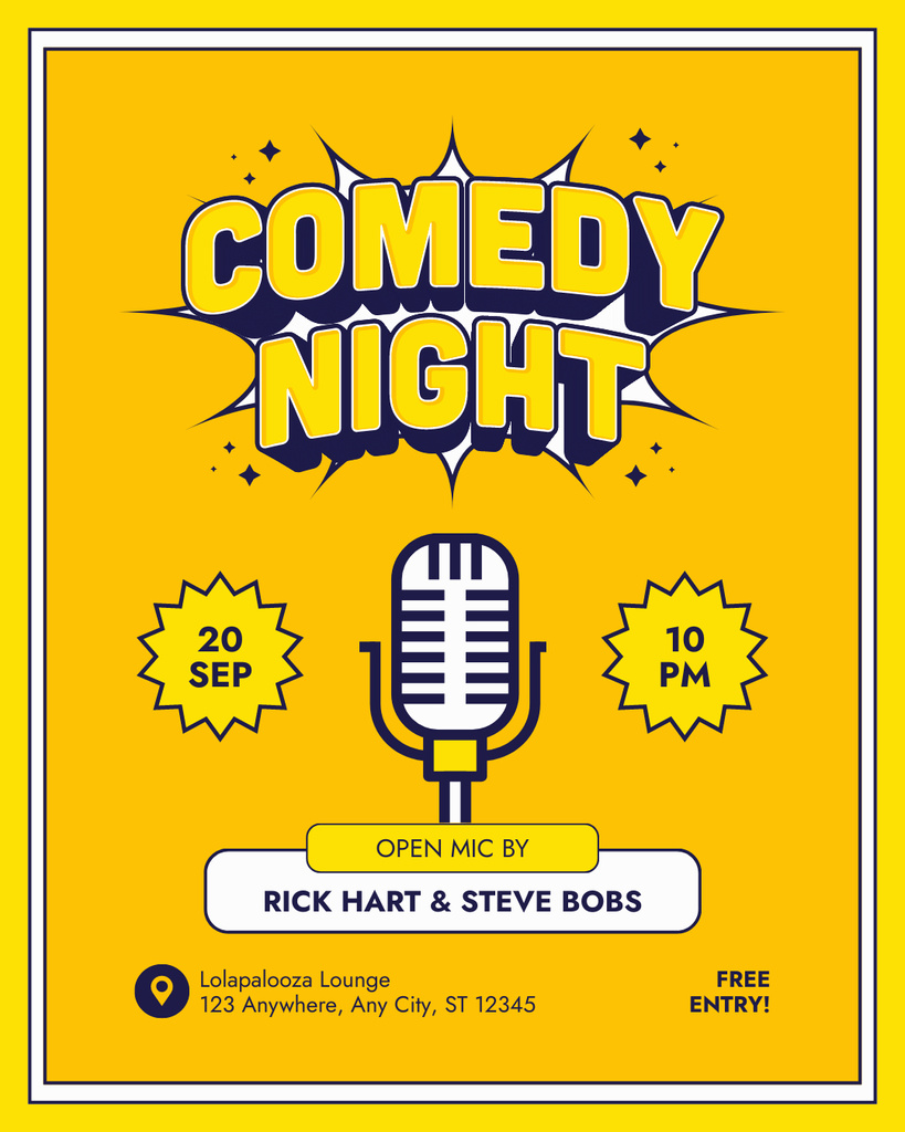 Designvorlage Ad of Comedy Night with Microphone in Yellow für Instagram Post Vertical