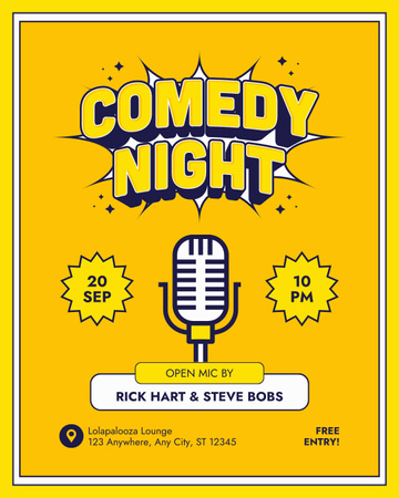 Ad of Comedy Night with Microphone in Yellow Instagram Post Vertical Design Template