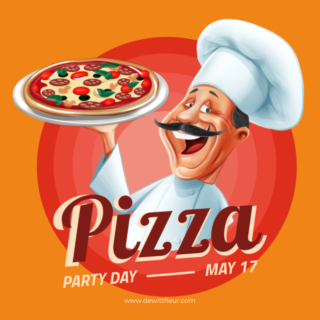 Pizza Party Day with Smiling Chef Instagram Design Template