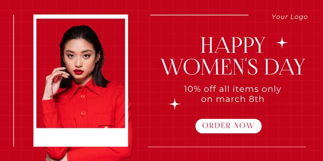 Women's Day Greeting with Gorgeous Woman in Red Outfit Twitter Design Template