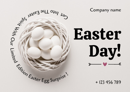 Plantilla de diseño de Oferta de Semana Santa con Huevos de Pascua Blancos en Nido Decorativo Card 