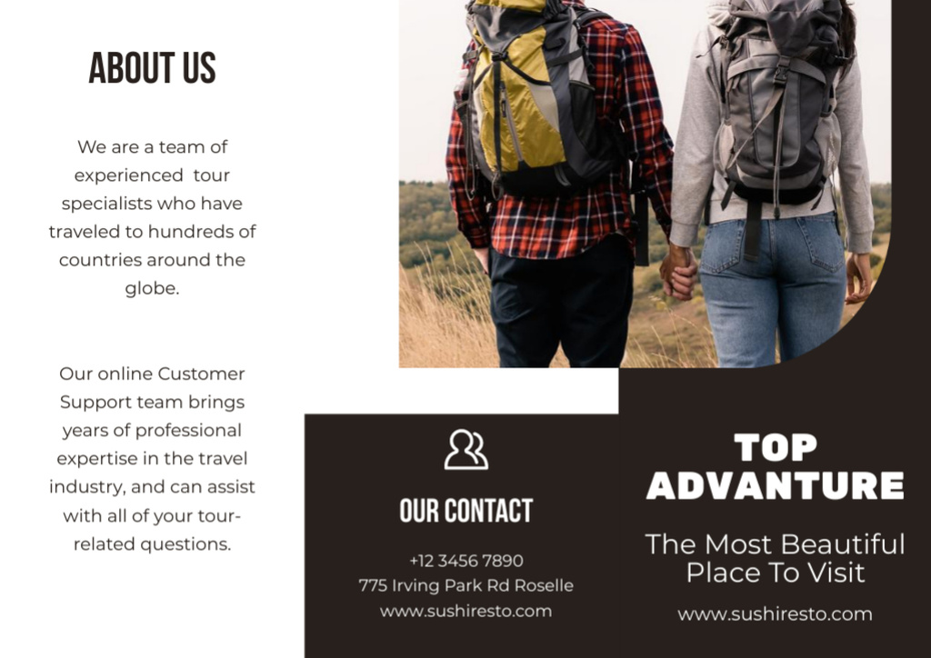 Travel Agency Service Offer with Tourist Couple Brochure Modelo de Design