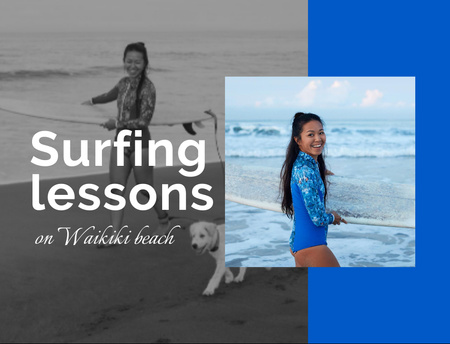 Platilla de diseño Surfing Lessons Offer with Smiling Woman on Beach Postcard 4.2x5.5in