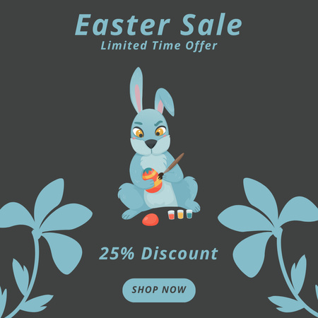 Ontwerpsjabloon van Instagram van Pasen-verkoopaanbieding met blauw konijntje dat paasei schildert