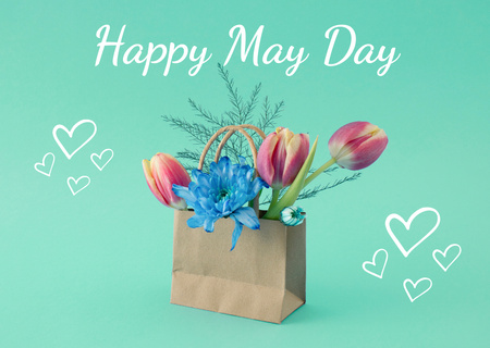 Plantilla de diseño de Anuncio de celebración del Primero de Mayo con tulipanes Postcard 