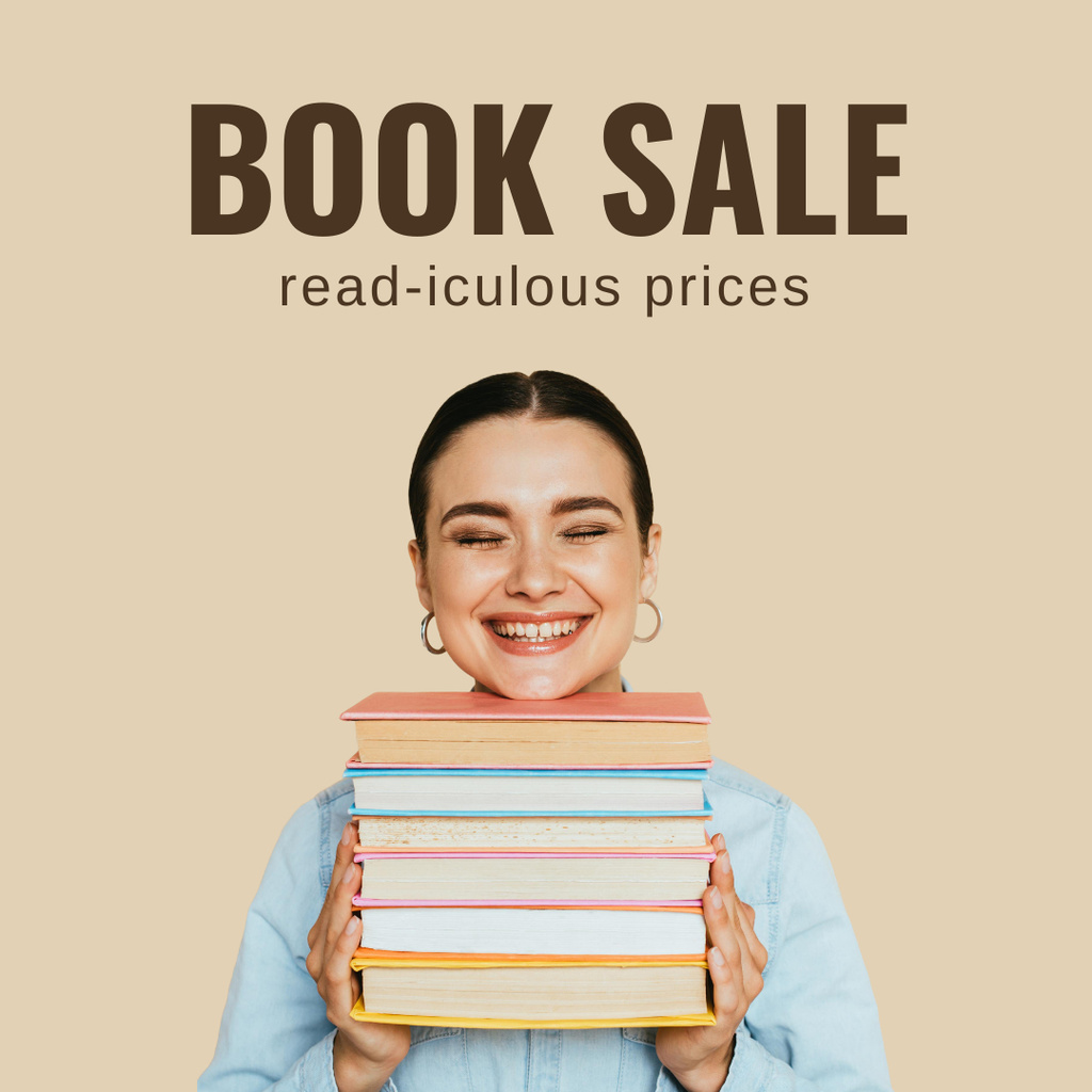 Template di design Books Sale with Good Prices with Smiling Woman Instagram