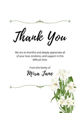 Funeral Thank You Card with Flowers Bouquet Postcard A6 Vertical Design Template
