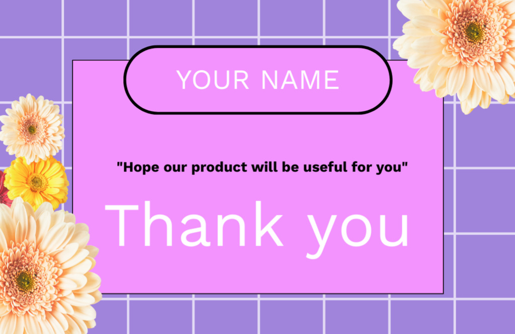 Plantilla de diseño de Thank You Message with Yellow Gerberas on Purple Thank You Card 5.5x8.5in 