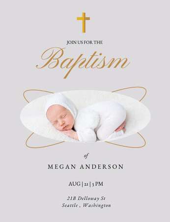 Baptism Ceremony Announcement with Cute Newborn on Grey Invitation 13.9x10.7cm Design Template