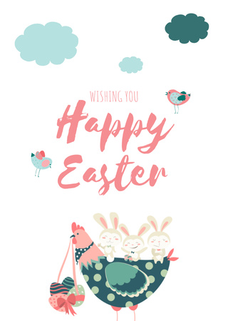 Easter Wishes With Chicken And Bunnies Postcard A6 Vertical Design Template