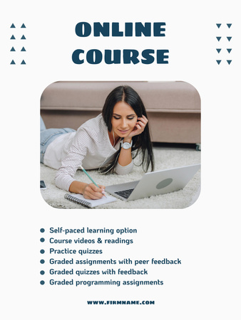 Plantilla de diseño de Anuncio de cursos en línea con mujer usando computadora portátil Poster US 