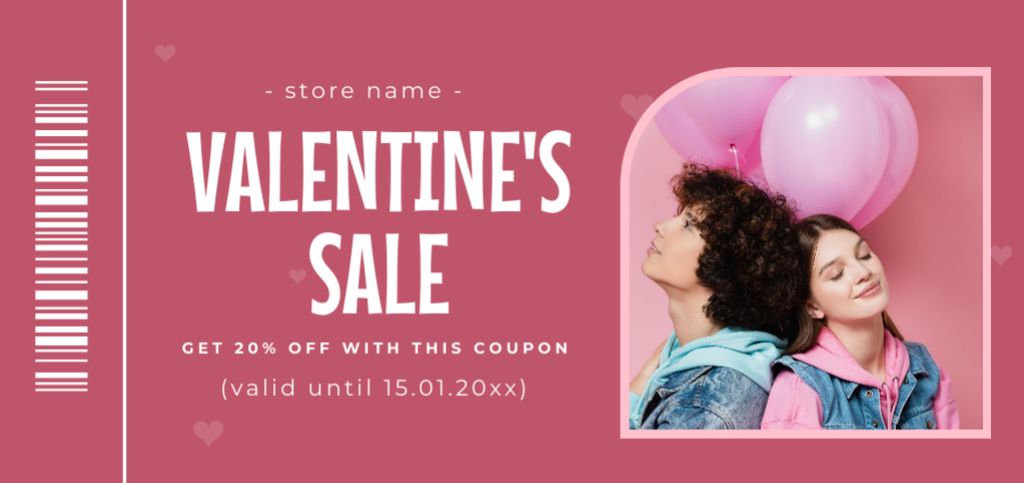 Valentine's Day Sale with Young Couple in Love and Pink Balloons Coupon Din Large Modelo de Design