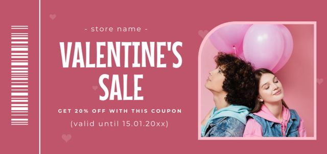 Designvorlage Valentine's Day Sale with Young Couple in Love and Pink Balloons für Coupon Din Large