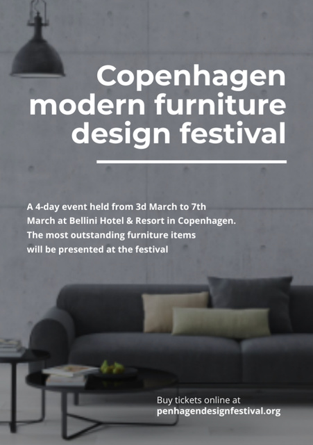 Interior Decoration Event Announcement with Sofa in Grey Flyer A7 Modelo de Design