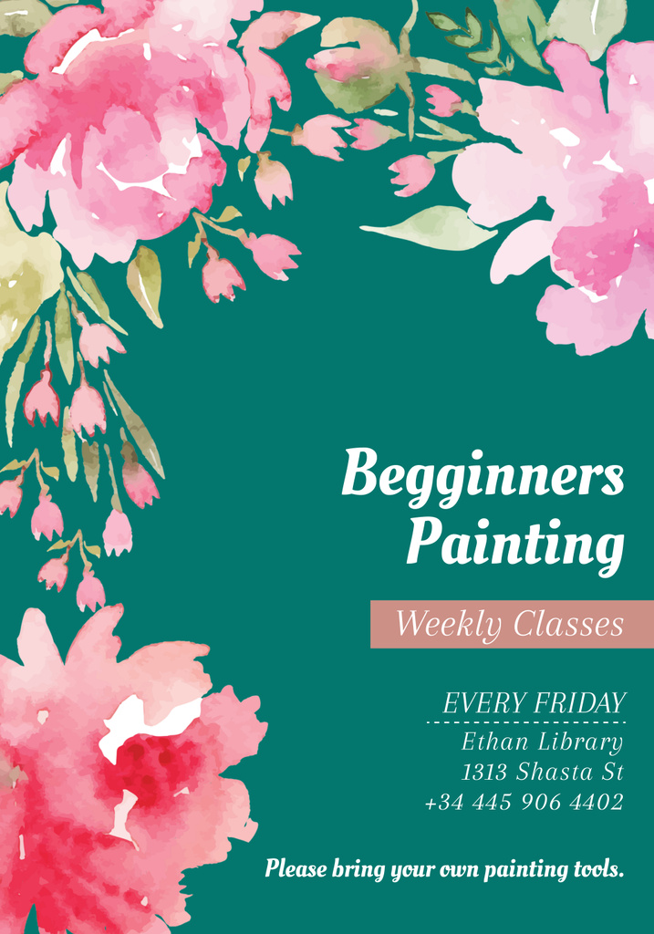 Ad of Painting Classes with Tender Flowers Drawing Poster 28x40in – шаблон для дизайна