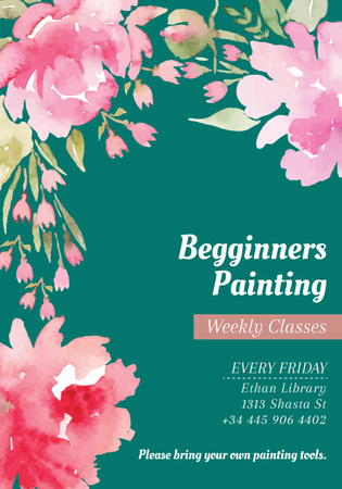 Painting Classes Ad with Tender Flowers Drawing Poster 28x40in Design Template