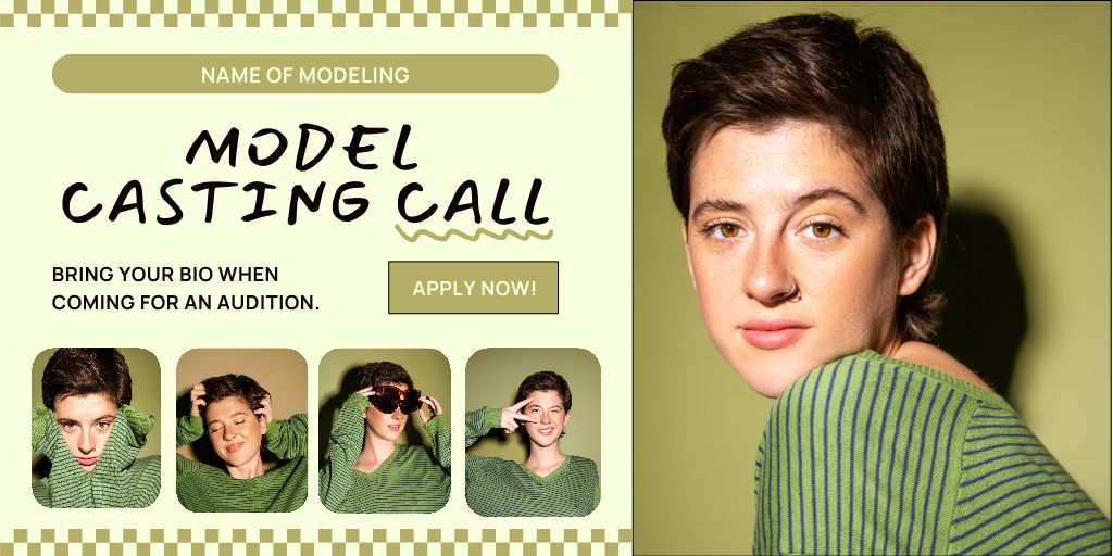 Model Casting with Woman in Green Twitter Modelo de Design