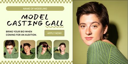Casting de modelo com mulher de verde Twitter Modelo de Design