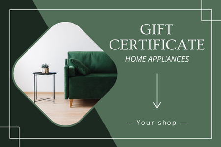 Kodin kalustemainos modernilla vihreällä sohvalla Gift Certificate Design Template