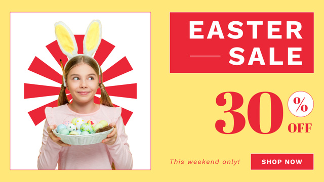 Ontwerpsjabloon van FB event cover van Easter Sale Ad with Cute Little Girl Holding Plate of Dyed Eggs
