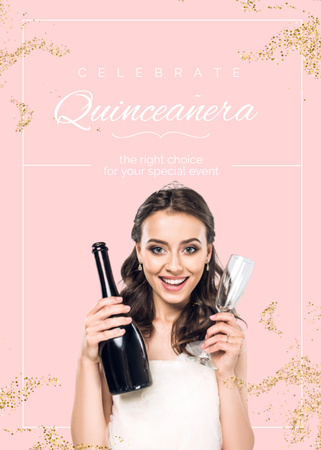 Plantilla de diseño de Announcement of Quinceañera with Girl in White Dress and Champagne Flayer 