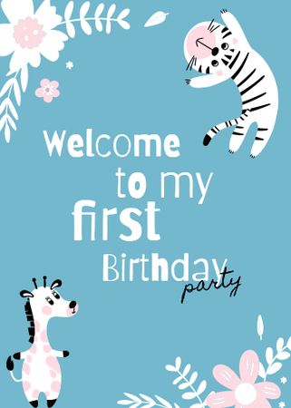 First Birthday Party Announcement with Cute Animals Invitation Modelo de Design
