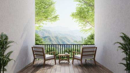 Útulný stylový balkon s horskou krajinou Zoom Background Šablona návrhu