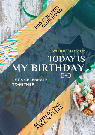 Designvorlage Einladung zur Geburtstagsfeier mit hellen Bonbons für Flyer A7