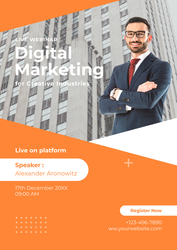 Young Businessman Invites to Digital Marketing Webinar Poster Modelo de Design