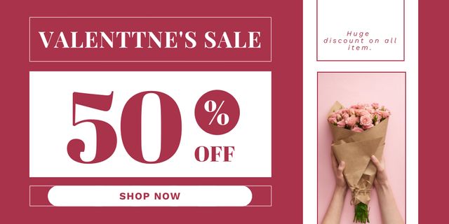 Valentine's Day Discount Offer with Beautiful Rose Bouquet Twitterデザインテンプレート