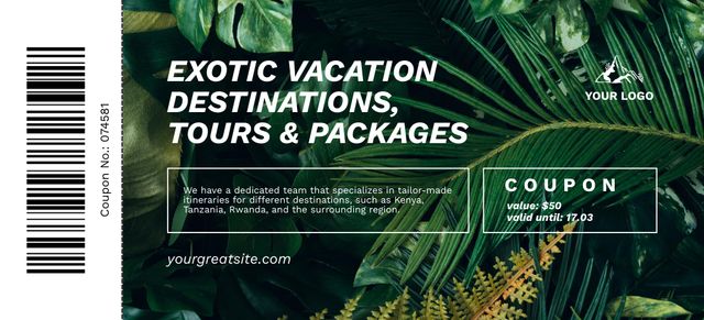 Exquisite Vacations And Destinations Offer Coupon 3.75x8.25in – шаблон для дизайну