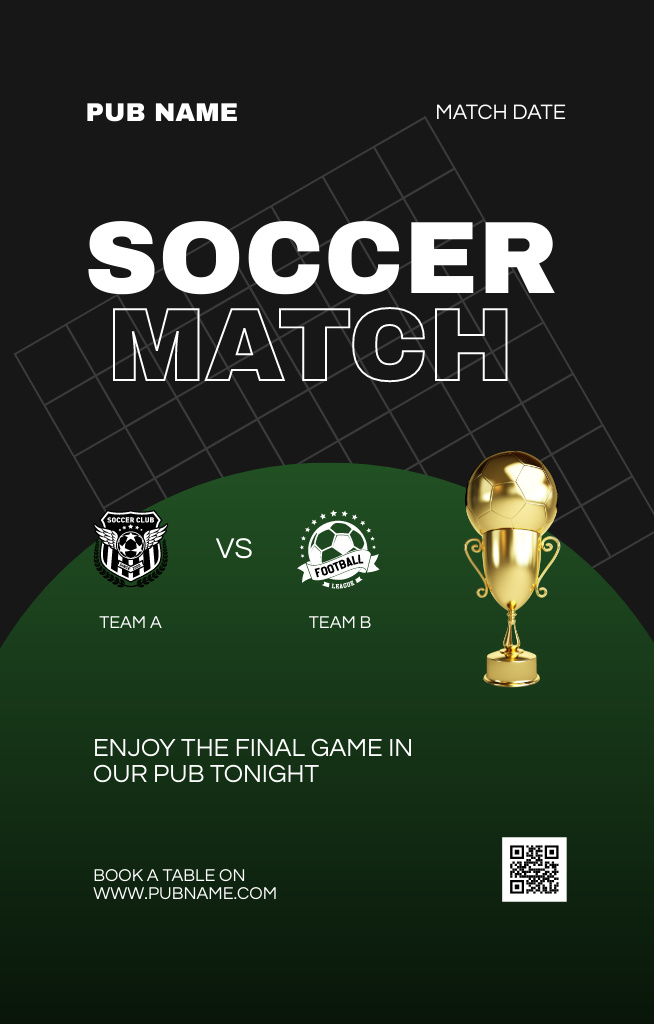 Soccer Match Event Announcement with Trophy Invitation 4.6x7.2in Design Template