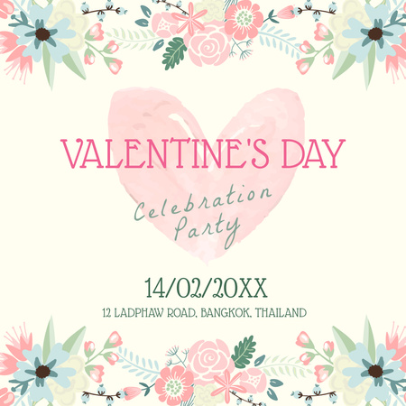 Объявление о вечеринке ко Дню святого Валентина с акварельным сердцем Instagram – шаблон для дизайна