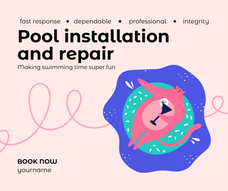 Offering Quality Pool Repair and Cleaning Services with Cartoon Pink Cat Facebook Design Template