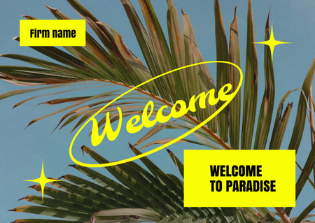 Welcome Phrase with Tropical Leaves Card Design Template