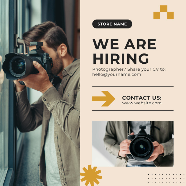 Photographer Vacancy Ad with Man holding Camera LinkedIn post tervezősablon
