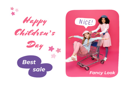 Designvorlage Children's Day Sale Offer With Cute Smiling Girls And Trolley für Postcard 4x6in