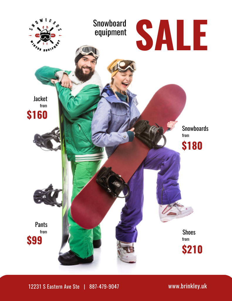 Ontwerpsjabloon van Poster 8.5x11in van Snowboarding Equipment Offer with Man and Woman