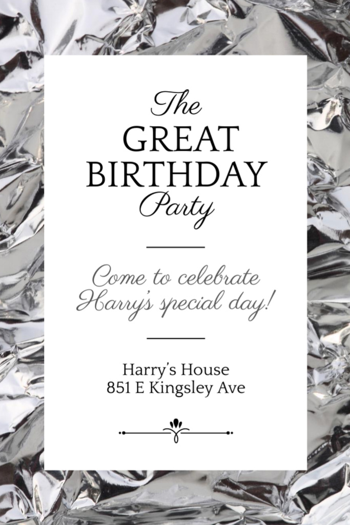 Birthday Party with Shiny Crumpled Silver Foil Flyer 4x6in Design Template
