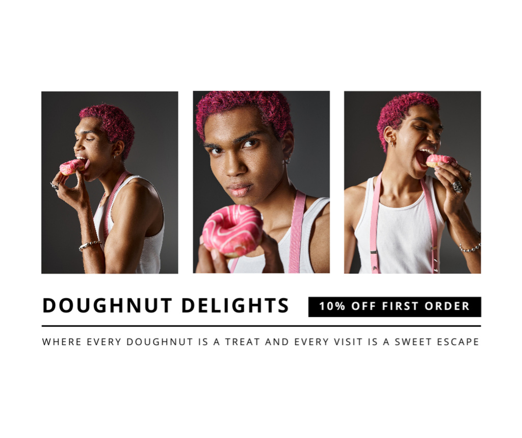 Template di design Doughnut Delights Offer with Handsome Young Man eating Donut Facebook