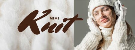 Sale Offer Girl in Headphones and Cozy Knitwear Facebook cover Modelo de Design