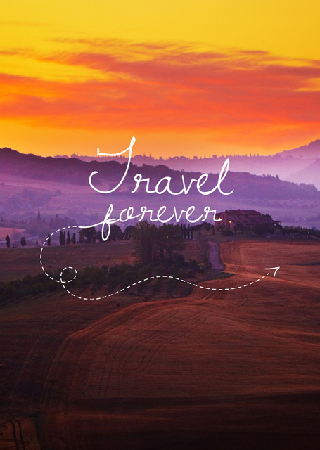 Ontwerpsjabloon van Postcard A6 Vertical van Motivational Travel Quote With Sunset Landscape