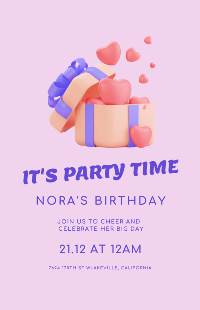 Birthday Party Announcement With Pink Present Invitation 5.5x8.5in Šablona návrhu