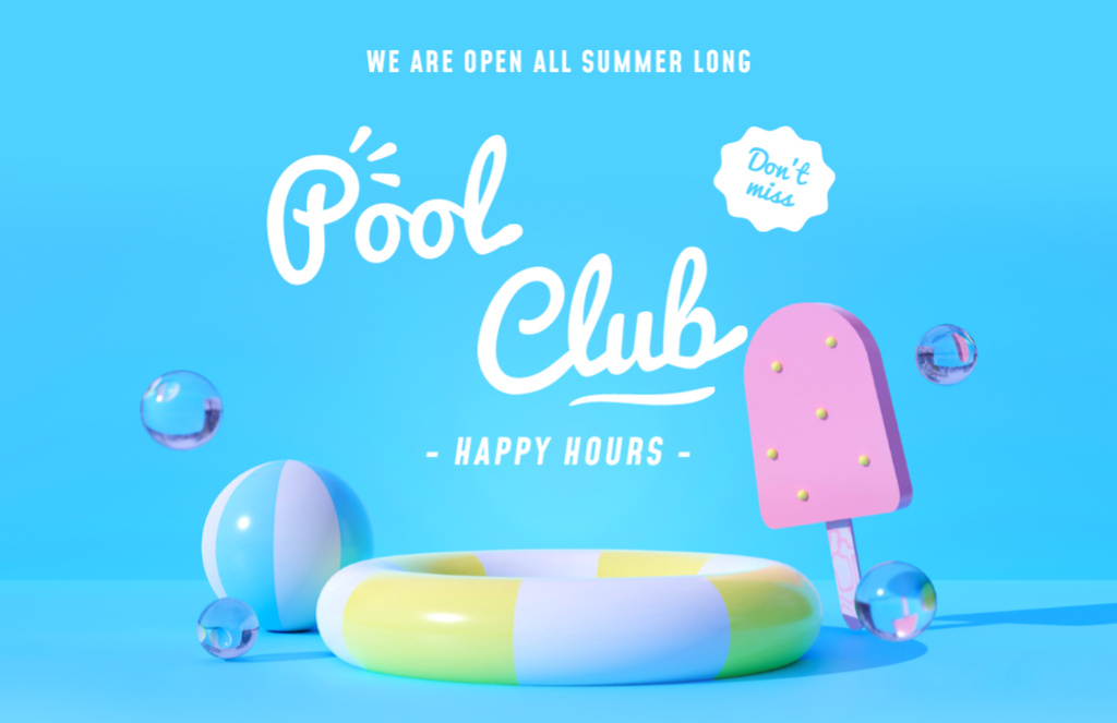 Pool Club Happy Hours Ad with Ice Cream and Ring Flyer 5.5x8.5in Horizontal Modelo de Design
