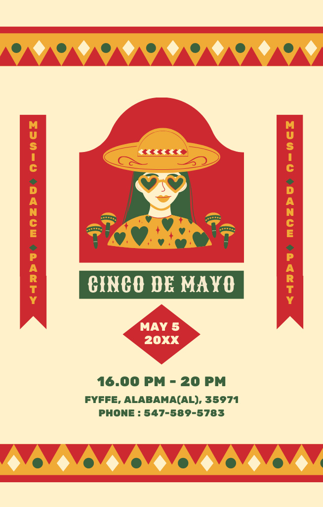 Cinco de Mayo Party Announcement with Girl in Sombrero Invitation 4.6x7.2in Πρότυπο σχεδίασης