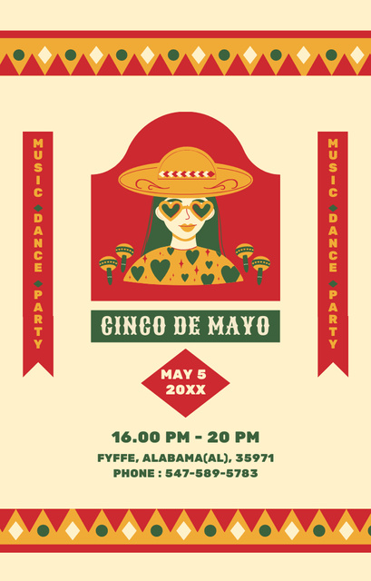 Cinco de Mayo Party Announcement with Girl in Sombrero Invitation 4.6x7.2in Design Template