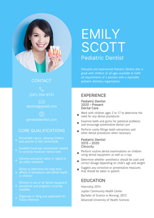 Plantilla de diseño de Pediatric Dentist Skills and Experience Resume 