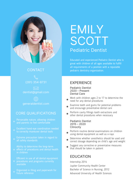 Pediatric Dentist Skills and Experience Resume tervezősablon
