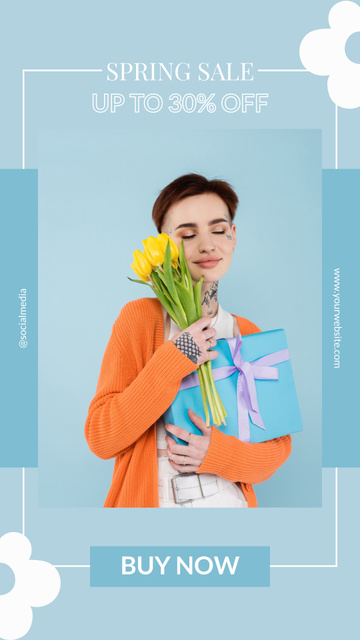 Spring Sale with Young Woman with Tulips in Blue Instagram Story Design Template