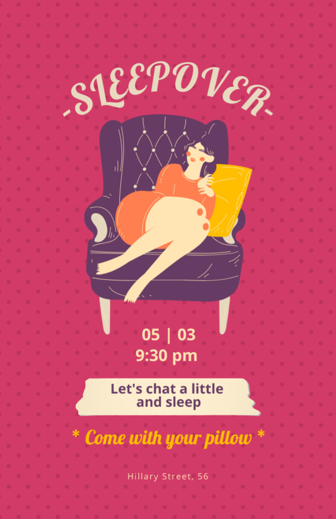 Sleepover Party on Pink Ilustrated in Retro Style Invitation 5.5x8.5inデザインテンプレート